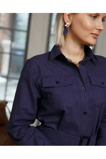 Платье-рубашка с поясом прямой силуэт цвет тёмно-фиолетовый - 8463 от byME 