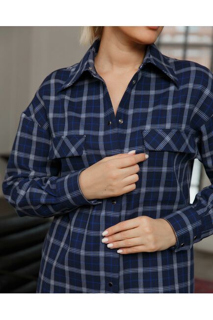 Женская рубашка синяя в клеточку с карманами - 8465 от byME 