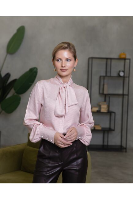 Женская блузка с бантом с высоким манжетом розовая горох - 8469 от byME 