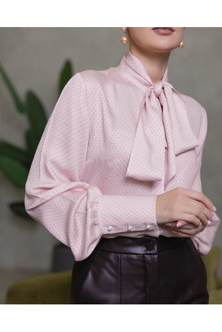 Женская блузка с бантом с высоким манжетом розовая горох - 8469 от byME 