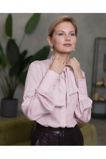 Женская блузка с бантом с высоким манжетом розовая горох - 8469 от byME 
