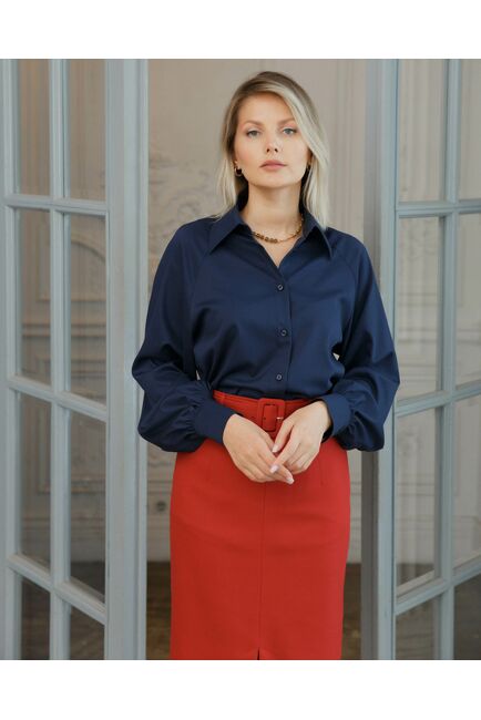 Женская рубашка в оверсайз силуэте под пуговицу с пышным рукавом синяя - 8492 от byME 