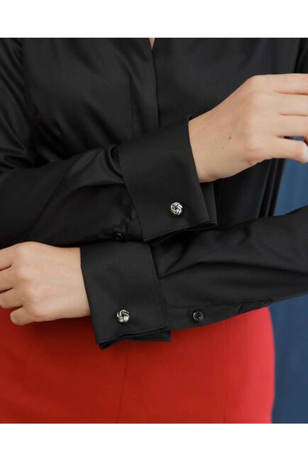 Женская рубашка под запонку черная воротник стойка - 8483 от byME 