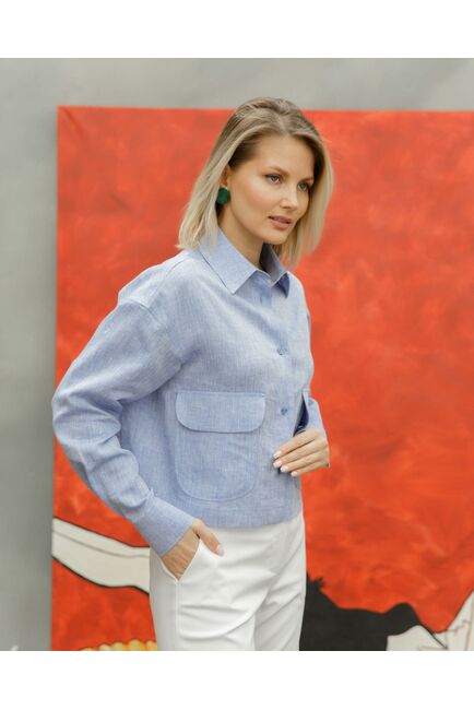 Женская льяная рубашка укороченная с карманами синяя - 8501 от byME 