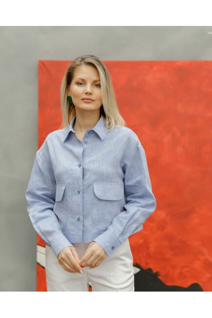 Женская льяная рубашка укороченная с карманами синяя - 8501 от byME 