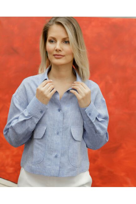 Женская льяная рубашка укороченная с карманами синяя - 8501 от byME 