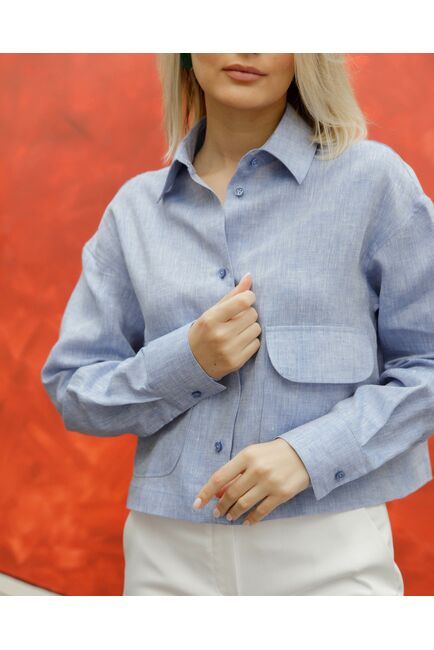 Женская льяная рубашка укороченная с карманами синяя - 8501 от byME 