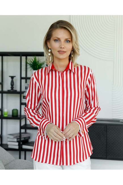 Женская рубашка под запонку в красную полоску с отделкой - 8504 от byME 