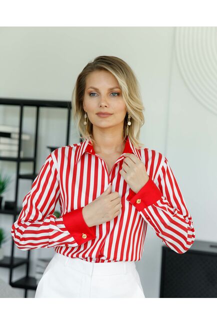 Женская рубашка под запонку в красную полоску с отделкой - 8504 от byME 
