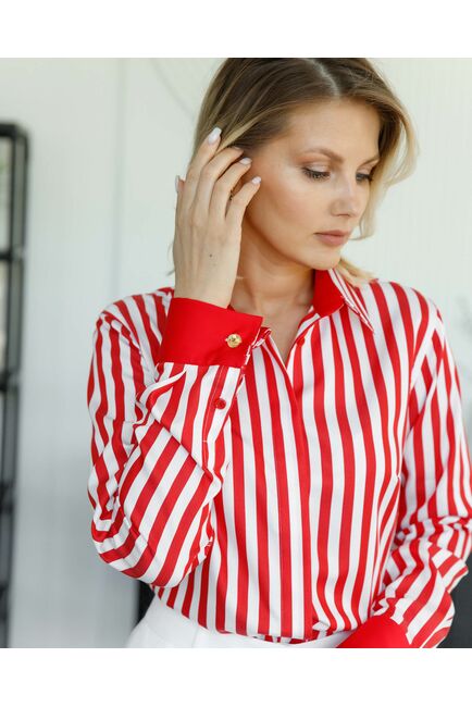 Женская рубашка под запонку в красную полоску с отделкой - 8504 от byME 