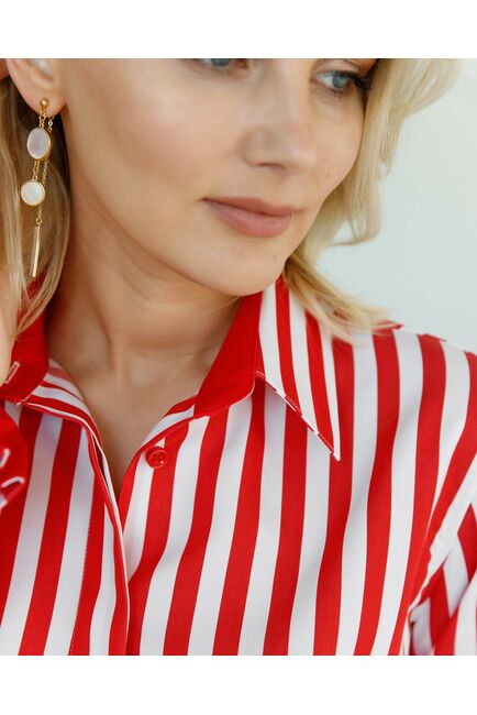 Женская рубашка под запонку в красную полоску с отделкой - 8504 от byME 