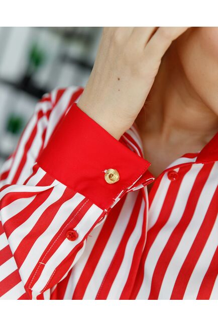 Женская рубашка под запонку в красную полоску с отделкой - 8504 от byME 
