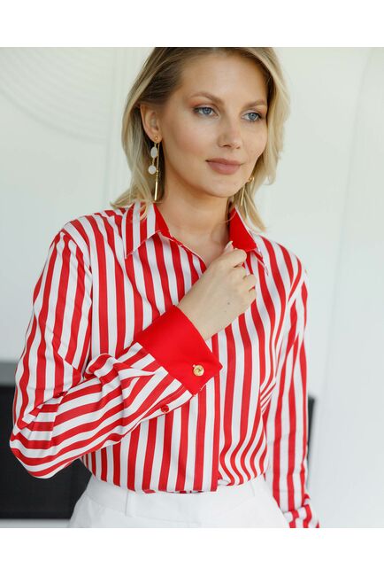 Женская рубашка под запонку в красную полоску с отделкой - 8504 от byME 
