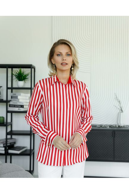 Женская рубашка под запонку в красную полоску с отделкой - 8504 от byME 