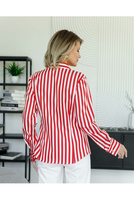 Женская рубашка под запонку в красную полоску с отделкой - 8504 от byME 