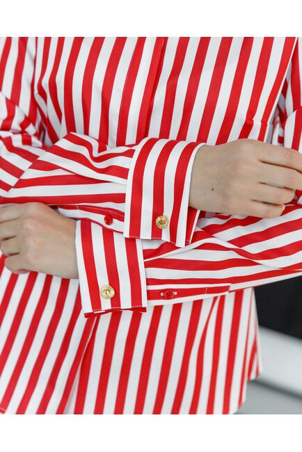 Женская рубашка под запонку в красную полоску с отделкой - 8504 от byME 