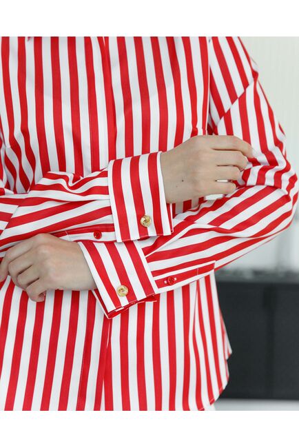 Женская рубашка под запонку в красную полоску с отделкой - 8504 от byME 