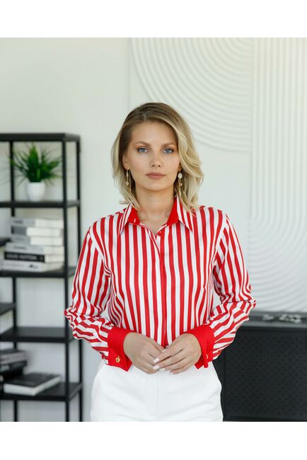 Женская рубашка под запонку в красную полоску с отделкой - 8504 от byME 
