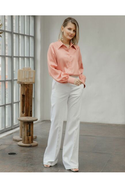 Женская рубашка в оверсайз под пуговицу с пышным рукавом персиковая - 8519 от byME 