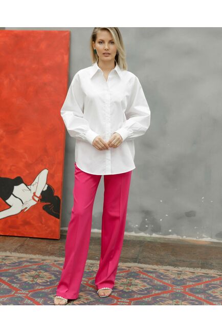 Женская рубашка оверсайз под пуговицу с пышным рукавом белая - 8520 от byME 