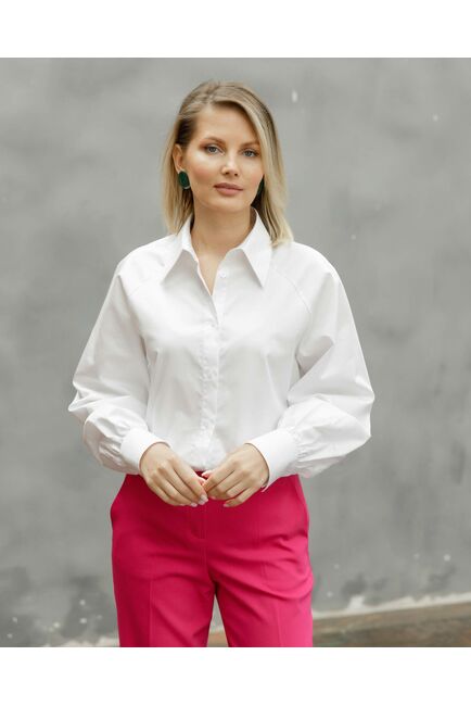 Женская рубашка оверсайз под пуговицу с пышным рукавом белая - 8520 от byME 
