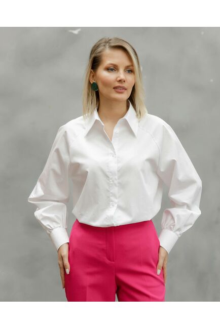 Женская рубашка оверсайз под пуговицу с пышным рукавом белая - 8520 от byME 