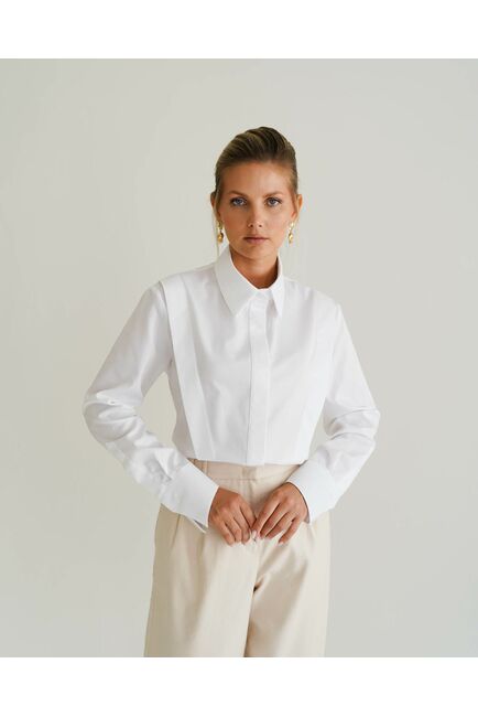 Женская рубашка белая из хлопка с интересной манжетой под пуговицы 8549 от byME 