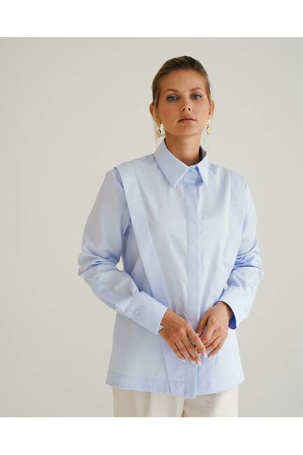 Женская рубашка голубая из хлопка с интересной манжетой под пуговицы 8550 от byME 