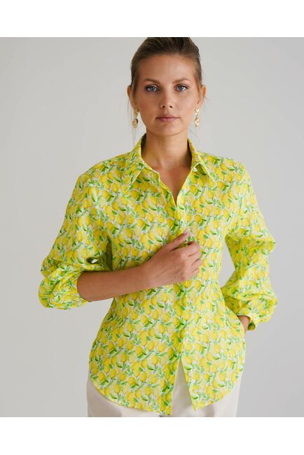 Женская рубашка принт лимоны с рукавами фонариками - 8559 от byME 
