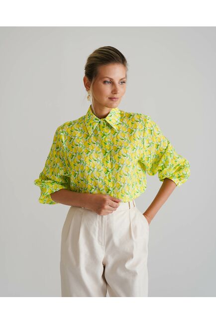 Женская рубашка принт лимоны с рукавами фонариками - 8559 от byME 
