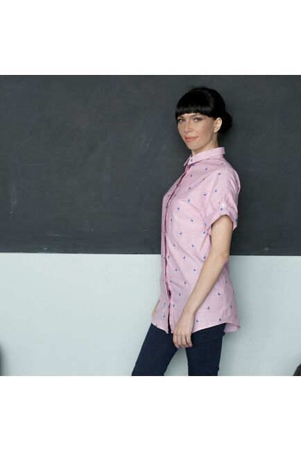 Женская рубашка оверсайз с вышивкой фламинго удлиненная - 7277 от DoubleCuff 