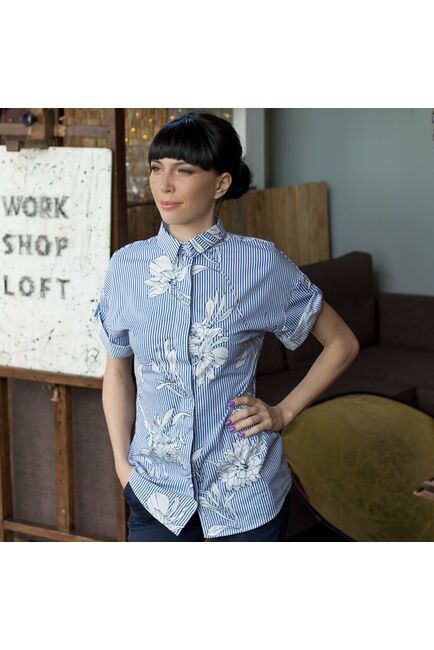 Женская рубашка оверсайз в полоску рисунок цветы удлиненная - 7279 от DoubleCuff 