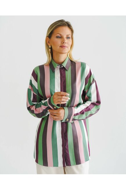 Женская рубашка оверсайз в разноцветную широкую полоску -8538 от byME 
