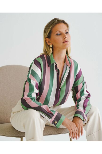 Женская рубашка оверсайз в разноцветную широкую полоску -8538 от byME 