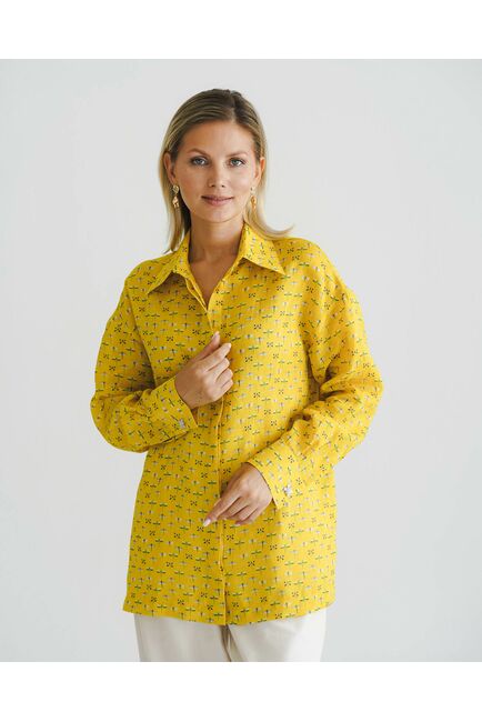 Женская рубашка из крапивы с универсальным манжетом стрекозы на жёлтом фоне - 8543 от ByME 
