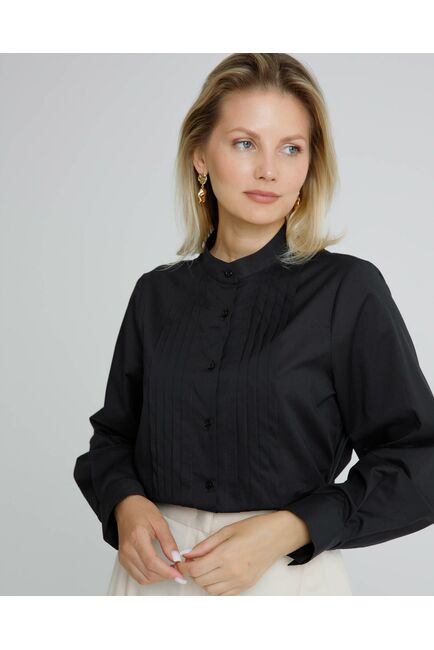 Женская рубашка черная воротник стойка с манишкой - 8565 от byME 