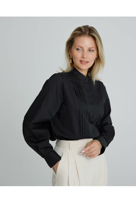 Женская рубашка черная воротник стойка с манишкой - 8565 от byME 