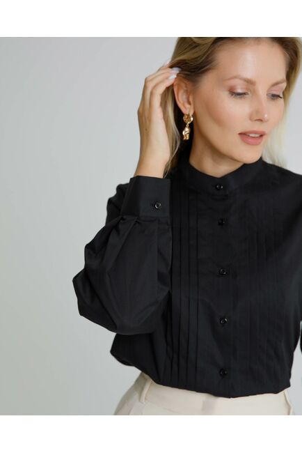Женская рубашка черная воротник стойка с манишкой - 8565 от byME 