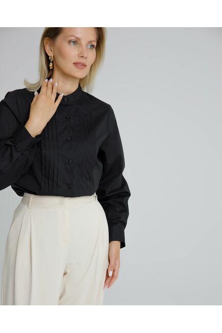 Женская рубашка черная воротник стойка с манишкой - 8565 от byME 
