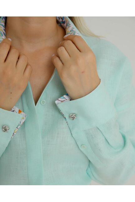 Женская рубашка в оверсайз мятная с отделкой  - 8578 от byME 