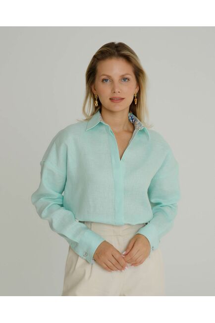Женская рубашка в оверсайз мятная с отделкой  - 8578 от byME 