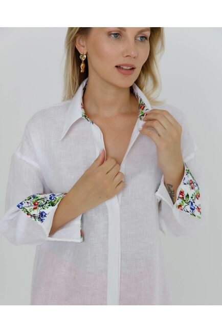 Рубашка льняная женская в белом цвете в прямом силуэте с универсальной манжетой - 8579 от byME 