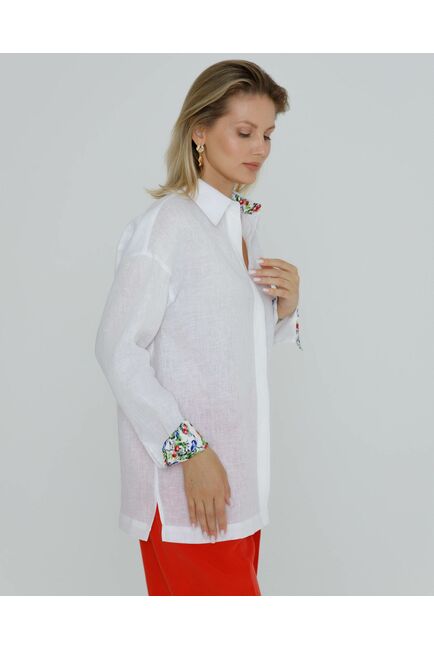 Рубашка льняная женская в белом цвете в прямом силуэте с универсальной манжетой - 8579 от byME 