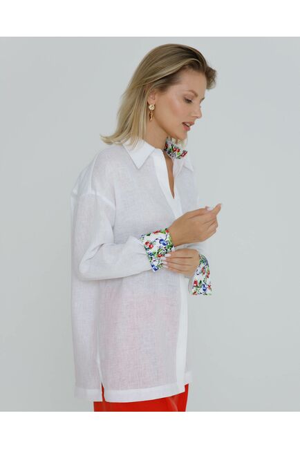 Рубашка льняная женская в белом цвете в прямом силуэте с универсальной манжетой - 8579 от byME 