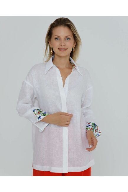 Рубашка льняная женская в белом цвете в прямом силуэте с универсальной манжетой - 8579 от byME 