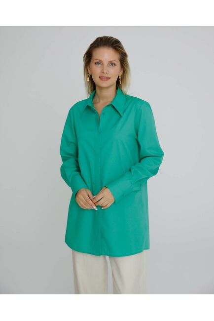 Рубашка женская из хлопка в  ярко зеленом цвете, в прямом силуэте с универсальной манжетой - 8582 от byME 