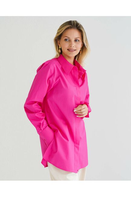 Рубашка женская из хлопка в ярко розовом цвете, в прямом силуэте с универсальной манжетой - 8583 от byME 