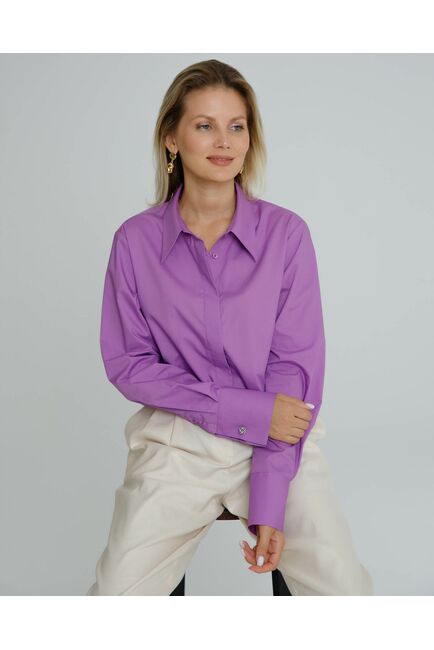 Рубашка женская из хлопка  фиолетовая, в прямом силуэте с универсальной манжетой - 8584 от ByME 
