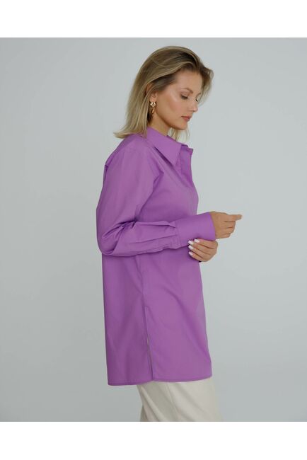 Рубашка женская из хлопка  фиолетовая, в прямом силуэте с универсальной манжетой - 8584 от ByME 