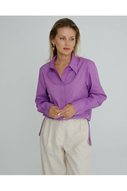 Рубашка женская из хлопка  фиолетовая, в прямом силуэте с универсальной манжетой - 8584 от ByME 